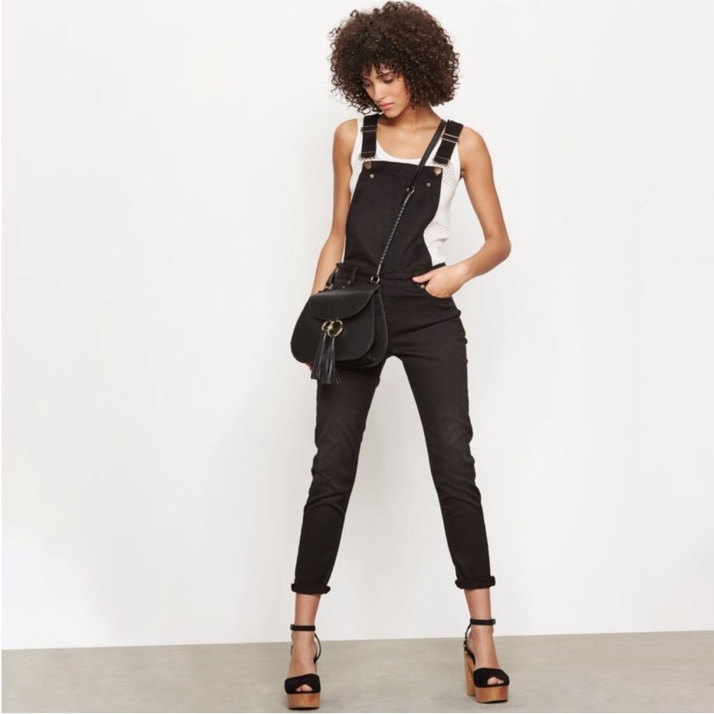 Maje Faded Black Denim Overalls Back Cut Out Shoulder Straps Classic Chic y2K M